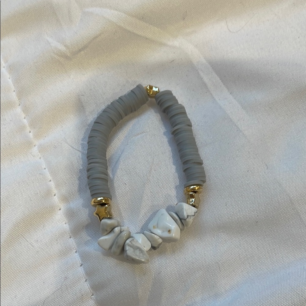 Gray Beaded Bracelet with white stones and gold accents